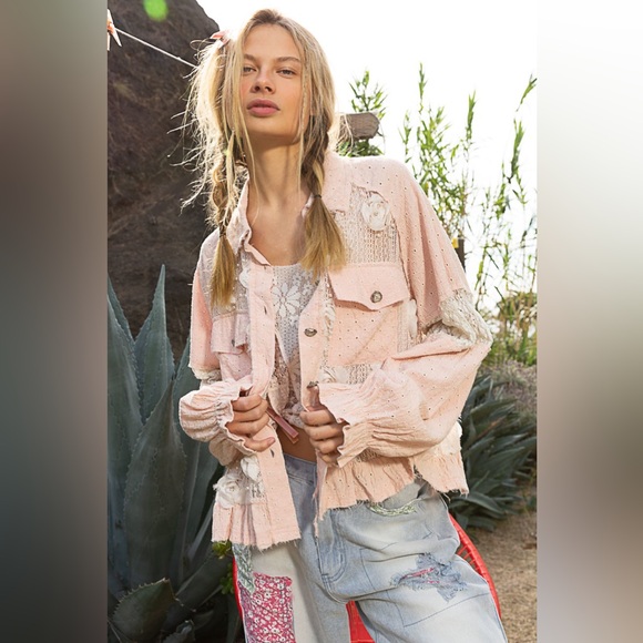 51. POL Shacket Jacket Top Women's Pink Lace Woven Balloon Sleeve Front Pockets - Picture 2 of 6